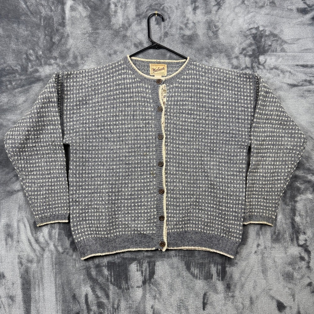 Woolrich Cardigan Sweater Womens Large Grey Birds Eye Knit Button Front Vintage